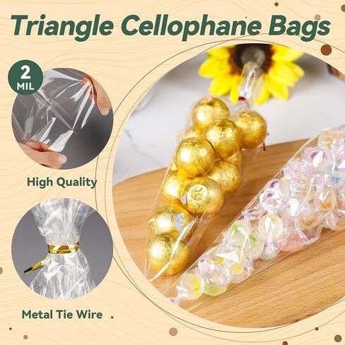100 Pack Clear Cellophane Bags Cone Shaped Cellophane Treat Bags with Ties for Candy Popcorn Cookie Small Gift Wrapping（5x10 Inches) in Saudi Arabia