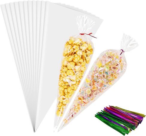 100 Pack Clear Cellophane Bags Cone Shaped Cellophane Treat Bags with Ties for Candy Popcorn Cookie Small Gift Wrapping（5x10 Inches) in Saudi Arabia