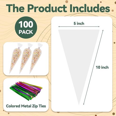 100 Pack Clear Cellophane Bags Cone Shaped Cellophane Treat Bags with Ties for Candy Popcorn Cookie Small Gift Wrapping（5x10 Inches) in Saudi Arabia