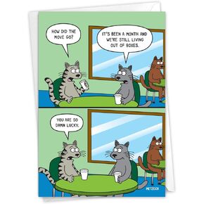 NobleWorks - Funny New Home Paper Card with 5 x 7 Inch Envelope (1 Card) Housewarming Living In Boxes C2443NHG
