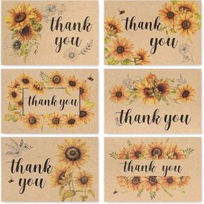 AnyDesign 36 Pack Kraft Sunflower Thank You Cards Assortment Bulk Spring Summer Flower Blank Note Cards with Envelope Stickers Floral Thank You Greeting Cards for Wedding Baby Bridal Shower, 4 x 6