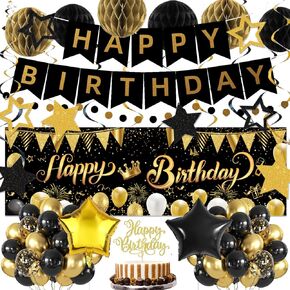 Green Black Birthday Decorations, Happy Birthday Banner, Backdrop, Balloons, Honeycomb Balls, Star Foil Balloons, Stars Hanging Swirls & Cake Topper for Baby Boys Girl Men Women Birthday Decoration