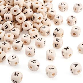 100pcs Natural Wood Letter Beads 10mm Large Hole Cube Spacer Beads Wooden Alphabet Beads for DIY Necklaces Earrings Bracelets Key Chains Jewelry Making