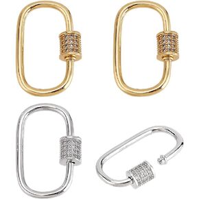 PH PandaHall 2 Colors 4pcs Oval Screw Lock Charms 18K Gold Plated Carabiner Lock Clip Micro Pave Cubic Screw Necklace Link Connector Golden Snap Clips Silver Hook Clasp for Keychain Jewelry Making