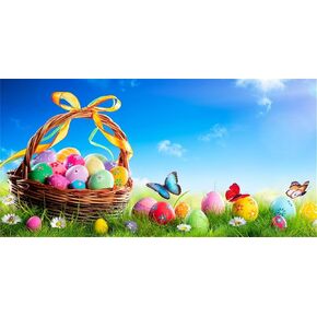 AWERT 30x18 inches Spring Easter Aquarium Background Outdoor Meadow Blue Sky White Cloud Terrarium Background Easter Egg Flowers Butterfly Aquarium Decorative Background Vinyl Background