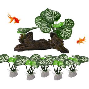 Silk Aquarium Plants, Artificial Plant Goldfish Waterscape Fish Hides Plastic Driftwood Set, Reptile Plants for Aquarium, Fish Tank Decoration (NIK-01C6 1PCS+L009 5PCS)