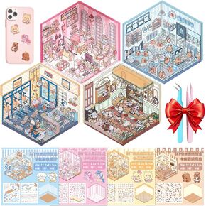 8Pcs DIY 3D House Stickers - 3D Sticker Scene Mini Scene Stickers Cute Cartoon Sticker Scenes Make Your Own Mini Room Supermarket Coffee Shop Restaurant Scenes Fun Room Sticker Book for Adults Kids