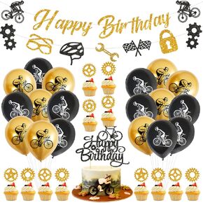 Bike Birthday Party Decorations, Including Banner, Cake Toppers, Balloons, Hanging Signs Bicycle Sports Theme Birthday Party Supplies for Kids and Bicycle Fans (B)