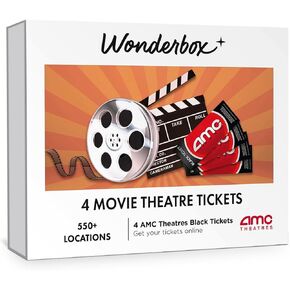 Wonderbox - حزمة مسارح أفلام AMC - 4 تذاكر سوداء + 4 مشروبات + 2 الفشار - فكرة الهدية الأصلية - تجربة هدية - 550 موقعًا في الولايات المتحدة