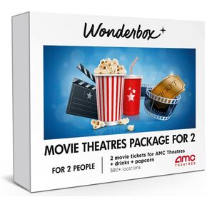 Wonderbox – AMC Movie Theatres Bundle - 4 Black Tickets + 4 Drinks + 2 Popcorn – Original Gift Idea - Experience Gift - 550 Locations in The US
