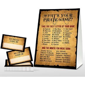 What's Your Pirate Name Game - Vintage Pirate Birthday Party Games for Boys - Family School Classroom Activity - 1 Standing Sign and 30 Stickers - Kids Pirate Party Supplies Decorations(12)