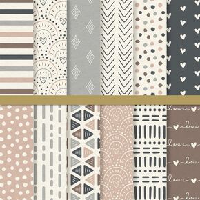 Whaline 24 Sheets Neutral Boho Pattern Paper Rainbow Heart Dot Scrapbook Specialty Paper Double Sided Decorative Craft Paper For DIY Card Making Photo Album Decor, 11.8 x 11.8 Inch