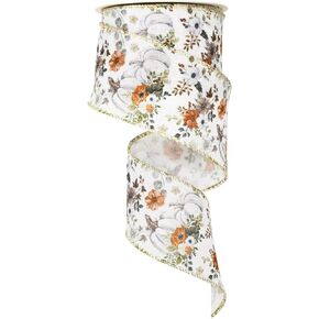 Fall Pumpkin Wired Edge Ribbon Roll Watercolor Pumpkin Floral Craft Ribbon Autumn Fabric Ribbon for Thanksgiving Wreath Bow Making DIY Craft Wrapping Party Supplies, 12 Yard