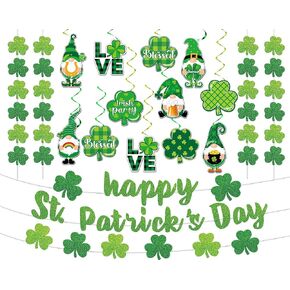34 PCS St Patricks Day Decorations Shamrock Banner St Patricks Day Clover Hanging Swirl Shamrock Garland Green Streamers Gnome Swirls for Irish Party Home Classroom Saint Patrick Party Supplies