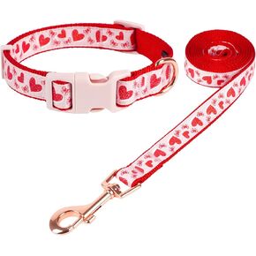 azuza Valentine's Day Dog Collar and Leash Set, Adjustable Pink Dog Collar with Glittery Red Heart Pattern Matching Leash Valentines Day Gifts for Small Dogs