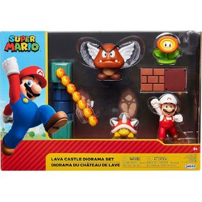 Nintendo Super Mario Lava Castle 2.5" Figure Diorama Play Set, Includes: Fire Mario, Spiny, & para Goomba, Mechanical Spinning Fireballs, Block & Fire Flower