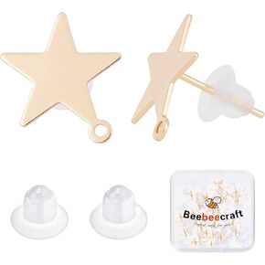 Beebeecraft 1 Box 30Pcs Star Earring Post Stud with Loop 18K Gold Plated Earring Findings with 50Pcs Clear Earring Backs for Jewelry Making