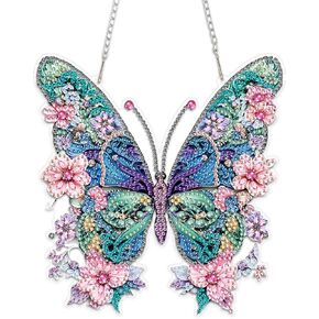 MEIYUDA Diamond Painting Kits, DIY Diamond Art Window Hanging Ornament for Adults, Butterfly and Flowers Special Shape Rhinestone Pendant, Crystal Gem Art Craft for Home Garden Wall Decor and Presents