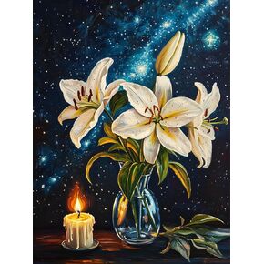 Yomiie 5D Diamond Art Kits for Adults, Lily Flower Diamond Painting Art Candle Bouquet DIY Full Round Drill Kits, Embroidery Rhinestone Diamond Crystal Craft Canvas Home Wall Decor 12x16 inch