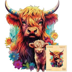 Masseruon Wooden Puzzle for Adults-Highland Cattle Family, Unique Shaped Jigsaw Puzzles (L, 240pieces, 10.7x13.3inches), Best Halloween Puzzles for Adults and Kids, Christmas Family Game