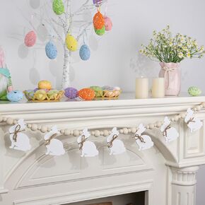 Easter Decorations Garland Wooden Beads with Cute Easter Bunny Rabbit Rustic Easter Banner Farmhouse Welcome Happy Easter Banner for Mantle, Fireplace, Wall, Easter Party Supplies