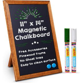 Besso Small Chalkboard Sign with Stand and Markers, 11x14 Deep Black, Slate Magnetic Chalk-Board, Non-Porous Surface with Rustic Pine Wood Frame - Tabletop Sign