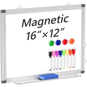 Magnetic Whiteboard Dry Erase Board for Wall, 16" X 12" Hanging Small White Board, Includes 1 Eraser & 8 Markers & 4 Magnets, Silver Aluminium Frame