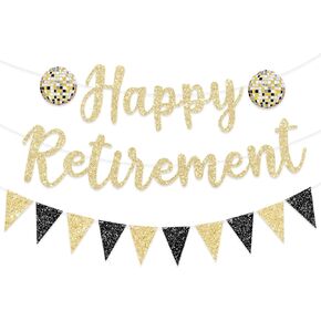 Pre Strung Happy Retirement Banner Party Decorations Gold Black Glitter Sign Bunting for Men & Women NO DIY