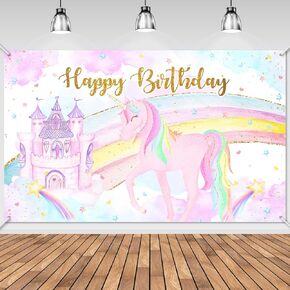 Avezano Unicorn Birthday Backdrop for Girl Rainbow Castle Unicorn Photography Background Unicorn Theme Happy Birthday Party Banner 70.8 x 43.3 Inch