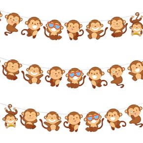 3 Pcs Monkey Banners, Jungle Safari Party Decorations Monkeys Birthday Party Supplies Monkey Cutouts Paper for Kids Birthday Party Classroom Baby Shower Supplies