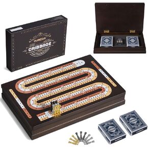 Wooden Magnetic Cribbage Board Game| Travel 3-Track Scoreboard Set| 2 Playing Cards| 9 Metal Pegs| Compact Size for Travelling Game Night (Instruction Included)