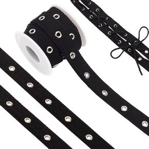 BENECREAT 6.25 Yards Black Cotton Grommet Eyelet Twill Tape Trim, 3/4 inch Wide Silver Metal Eyelet Ring(3.6mm) Ribbon Strip for Sewing Crafts Making