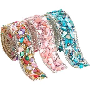 PH PandaHall 1.5 Yard 3 Colors Crystal Rhinestone Trim, 2cm/0.7 Inch Hot Fix Ribbon Gem Stone Beaded Iron On Applique Embellishment for DIY Wedding Bridal Dress Shoes Phone Decor, Pink/Blue/Rainbow