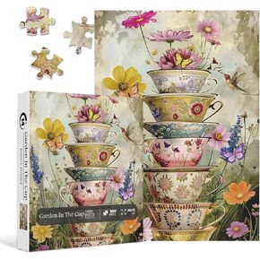 Vintage Flower Cup Puzzle for Adults 1000 Pieces, Nature Challenging Spring Floral Plant Puzzle, Retro Cup Garden Puzzle with Butterfly and Hummingbird as Home Wall Art Decor