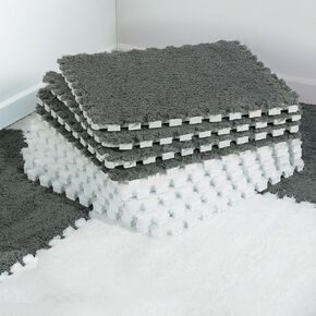 12 pcs Thickened Plush Interlocking Floor Mat 0.6" Thick- Fluffy Square Tiles with 12 Edgings Soft Anti-Slip Puzzle Area Rug Playmat for Room (11.8", Gray & Light Brown)