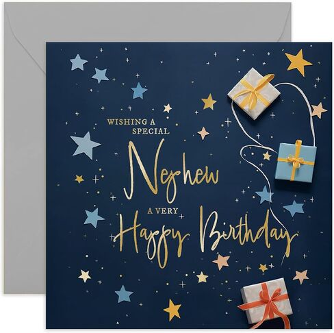 Old English Co. Nephew Birthday Card for Him - Navy Blue Male Birthday Card for Family - Stars Wrapped Gifts Presents Card Design - Modern Birthday Card | Blank Inside in Saudi Arabia