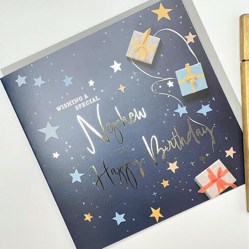 Old English Co. Nephew Birthday Card for Him - Navy Blue Male Birthday Card for Family - Stars Wrapped Gifts Presents Card Design - Modern Birthday Card | Blank Inside in Saudi Arabia