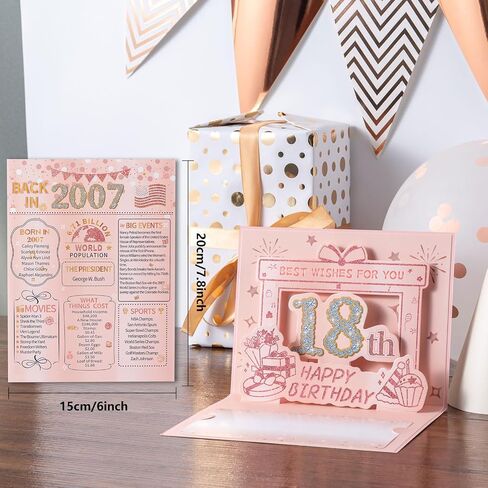 HOMANGA 18th Birthday Card, 3D Pop Up 18th Birthday Card for Girls Her, Back in 2007 Card with Envelope, 18th Birthday Gifts for Daughter, Sister (Rose Gold) in Kuwait