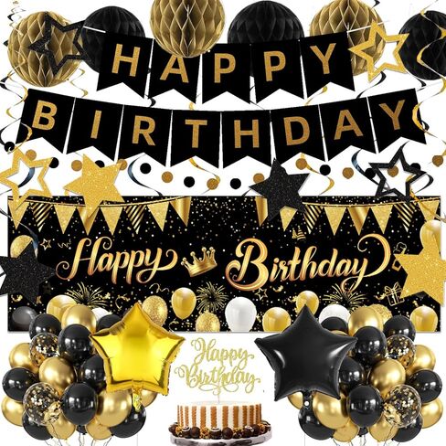Green Black Birthday Decorations, Happy Birthday Banner, Backdrop, Balloons, Honeycomb Balls, Star Foil Balloons, Stars Hanging Swirls & Cake Topper for Baby Boys Girl Men Women Birthday Decoration in Saudi Arabia