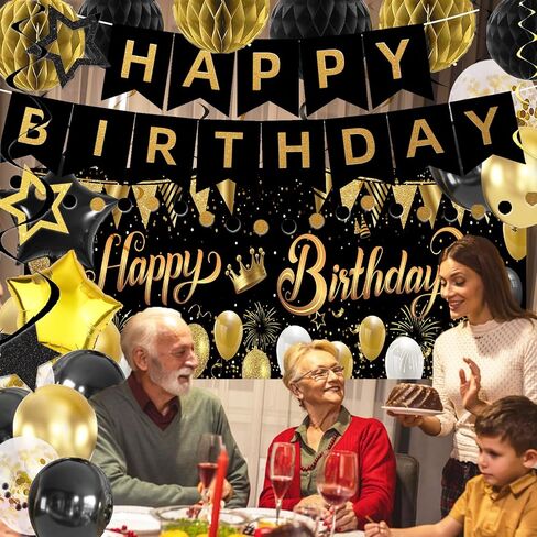 Green Black Birthday Decorations, Happy Birthday Banner, Backdrop, Balloons, Honeycomb Balls, Star Foil Balloons, Stars Hanging Swirls & Cake Topper for Baby Boys Girl Men Women Birthday Decoration in Saudi Arabia