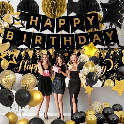 Green Black Birthday Decorations, Happy Birthday Banner, Backdrop, Balloons, Honeycomb Balls, Star Foil Balloons, Stars Hanging Swirls & Cake Topper for Baby Boys Girl Men Women Birthday Decoration in Saudi Arabia