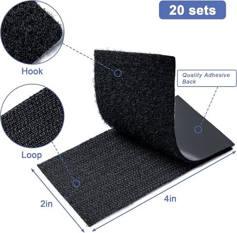 20 Sets Hook and Loop Strips with Adhesive, 2x4 inch Strong Double Sided Tape Heavy Duty Sticky Back Self Adhesive Fasten Mounting Tapes for Home School or Office Use, Black in Saudi Arabia