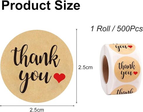 1 Rolls/500Pcs Thank You Stickers Self Adhesive Kraft Paper Label Stickers for Gift Wrapping Baking Wedding Birthday Party Christmas, 25mm in Saudi Arabia