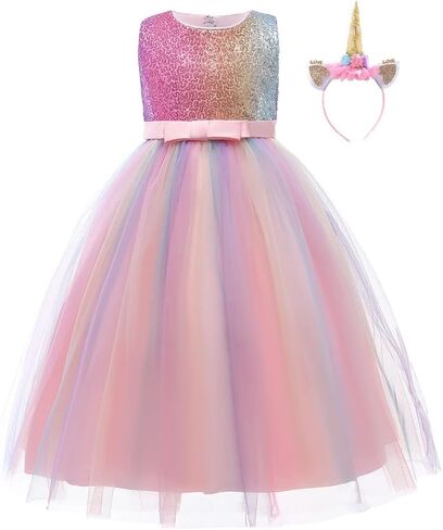 REXREII Girls Unicorn Party Sleeveless Long Tulle Dress w/Headband Halloween Costume Princess Birthday Christmas Ball Gown in Saudi Arabia
