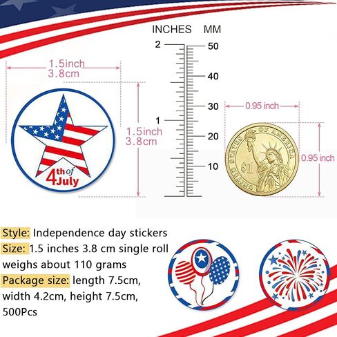500Pcs Independence Day Label Stickers Roll 4th of July Envelope Seals Stickers Patriotic Party USA Flag Star Balloon Adhesive 1.5inch Round Labels Wrapping Paper for Card Gift Bags Decor 8 Designs in Saudi Arabia