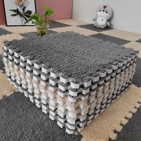 12 pcs Thickened Plush Interlocking Floor Mat 0.6" Thick- Fluffy Square Tiles with 12 Edgings Soft Anti-Slip Puzzle Area Rug Playmat for Room (11.8", Gray & Light Brown) in Kuwait