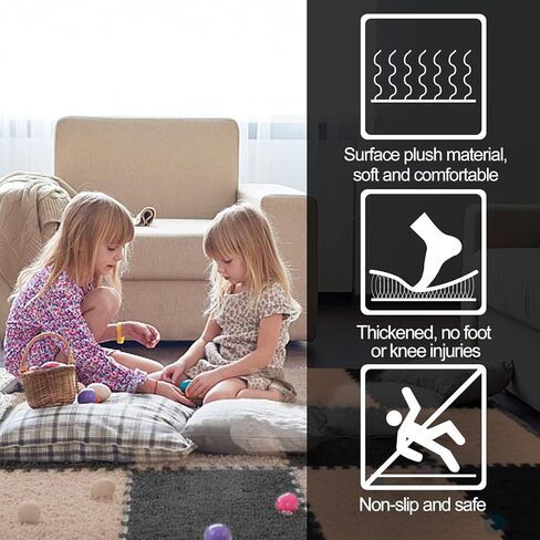12 pcs Thickened Plush Interlocking Floor Mat 0.6" Thick- Fluffy Square Tiles with 12 Edgings Soft Anti-Slip Puzzle Area Rug Playmat for Room (11.8", Gray & Light Brown) in Kuwait