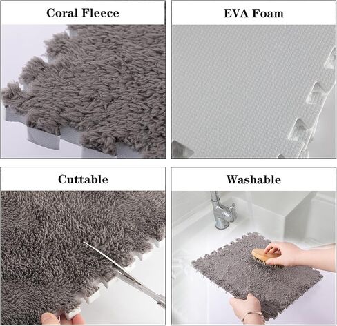 12 pcs Thickened Plush Interlocking Floor Mat 0.6" Thick- Fluffy Square Tiles with 12 Edgings Soft Anti-Slip Puzzle Area Rug Playmat for Room (11.8", Gray & Light Brown) in Kuwait