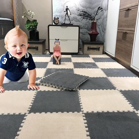 12 pcs Thickened Plush Interlocking Floor Mat 0.6" Thick- Fluffy Square Tiles with 12 Edgings Soft Anti-Slip Puzzle Area Rug Playmat for Room (11.8", Gray & Light Brown) in Kuwait