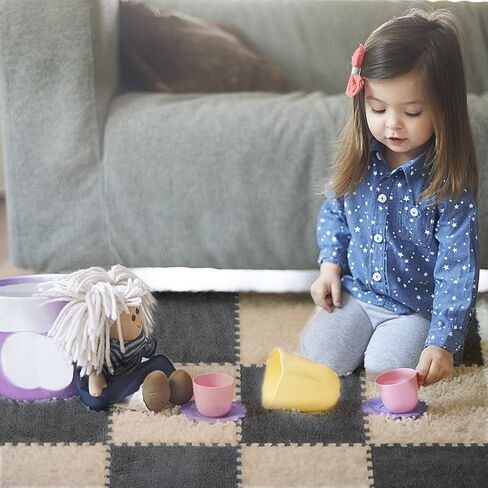 12 pcs Thickened Plush Interlocking Floor Mat 0.6" Thick- Fluffy Square Tiles with 12 Edgings Soft Anti-Slip Puzzle Area Rug Playmat for Room (11.8", Gray & Light Brown) in Kuwait